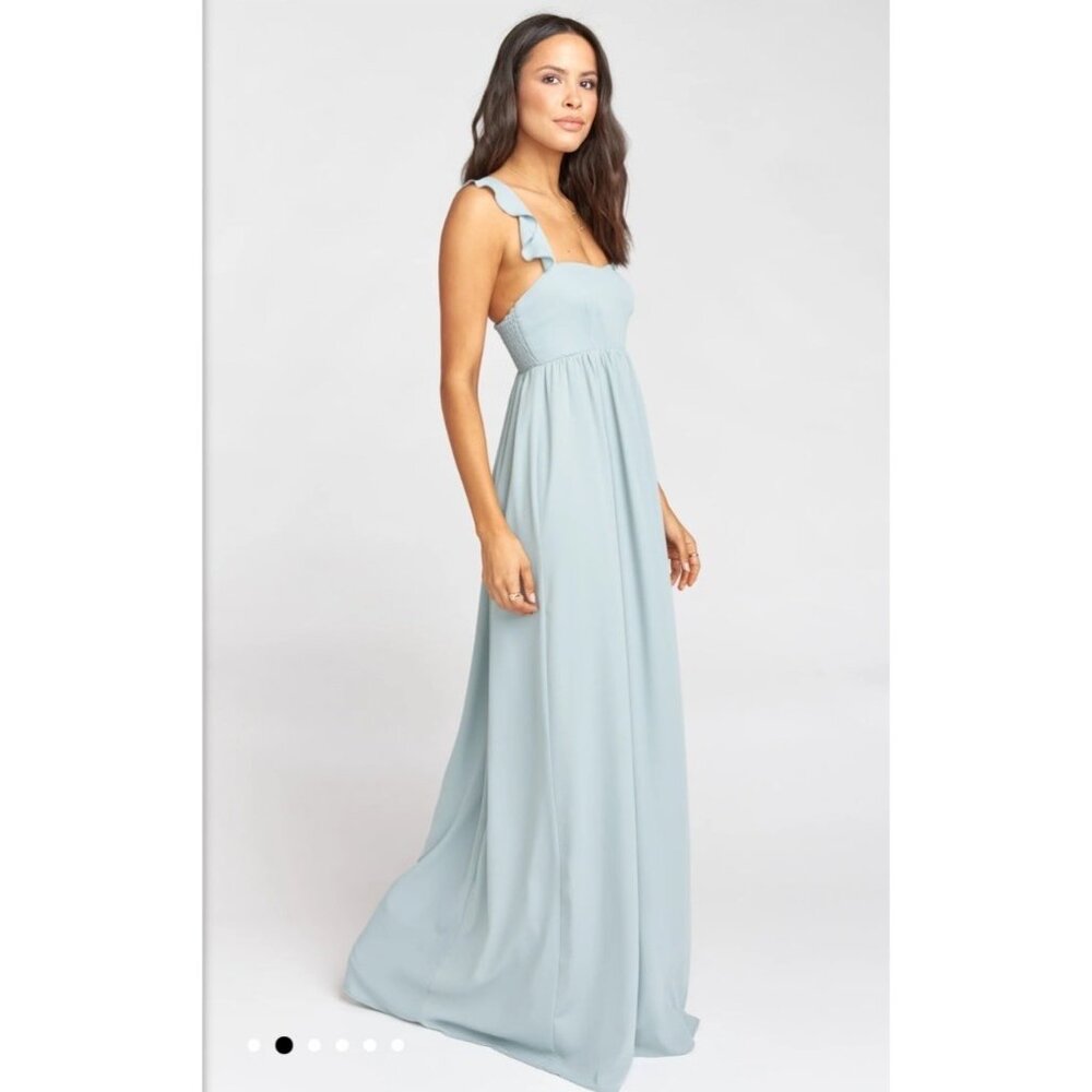 Show me your mumu June Maxi Dress Silver Sage Crisp Sleeveless Ruffle Straps M